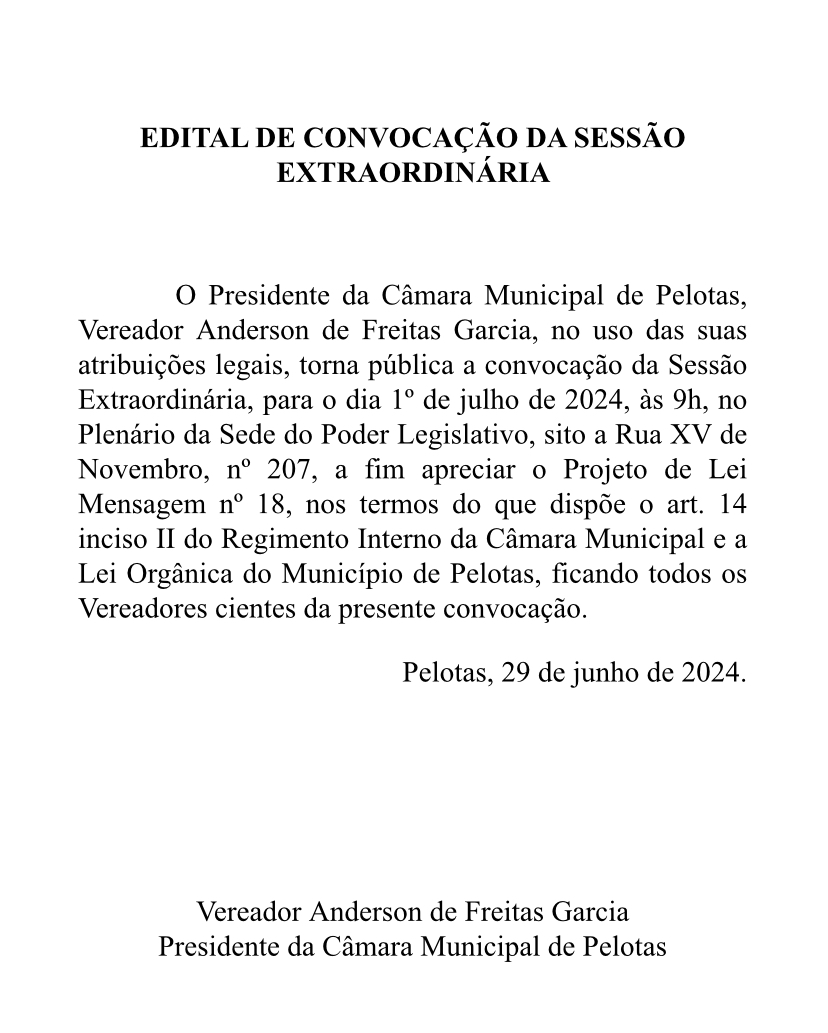 Edital de Convocação para Sessão Extraordinária 